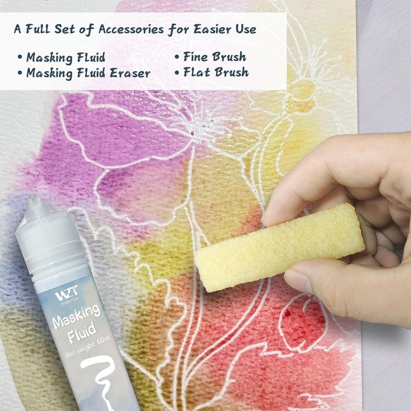 WAN2TLK Masking Fluid for Watercolor Painting 60ml Blue with a Paintbrush and Eraser - Art Masking Fluid Pen Watercolor Medium Art Supplies for Artists - Image 3